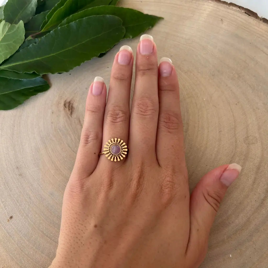 Bague ajustable Fleur avec Pierre Naturelle - Améthyste