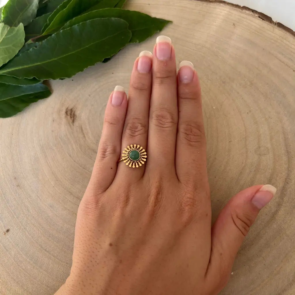 Bague ajustable Fleur avec Pierre Naturelle - Aventurine