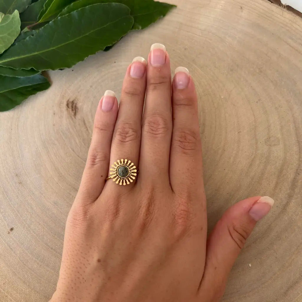 Bague ajustable Fleur avec Pierre Naturelle - Labradorite