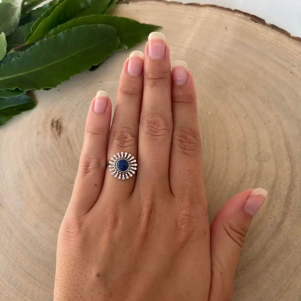 Bague ajustable Fleur avec Pierre Naturelle - Lapis Lazuli