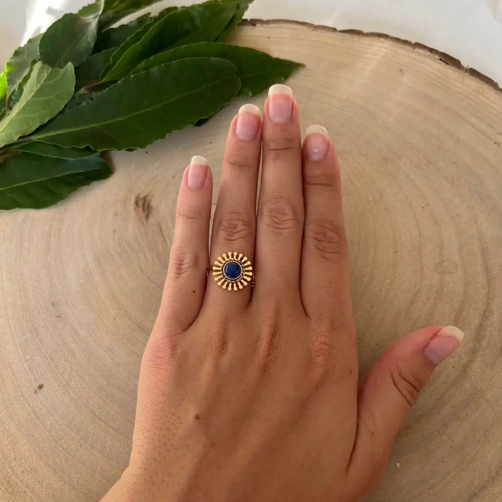 Bague ajustable Fleur avec Pierre Naturelle - Lapis Lazuli