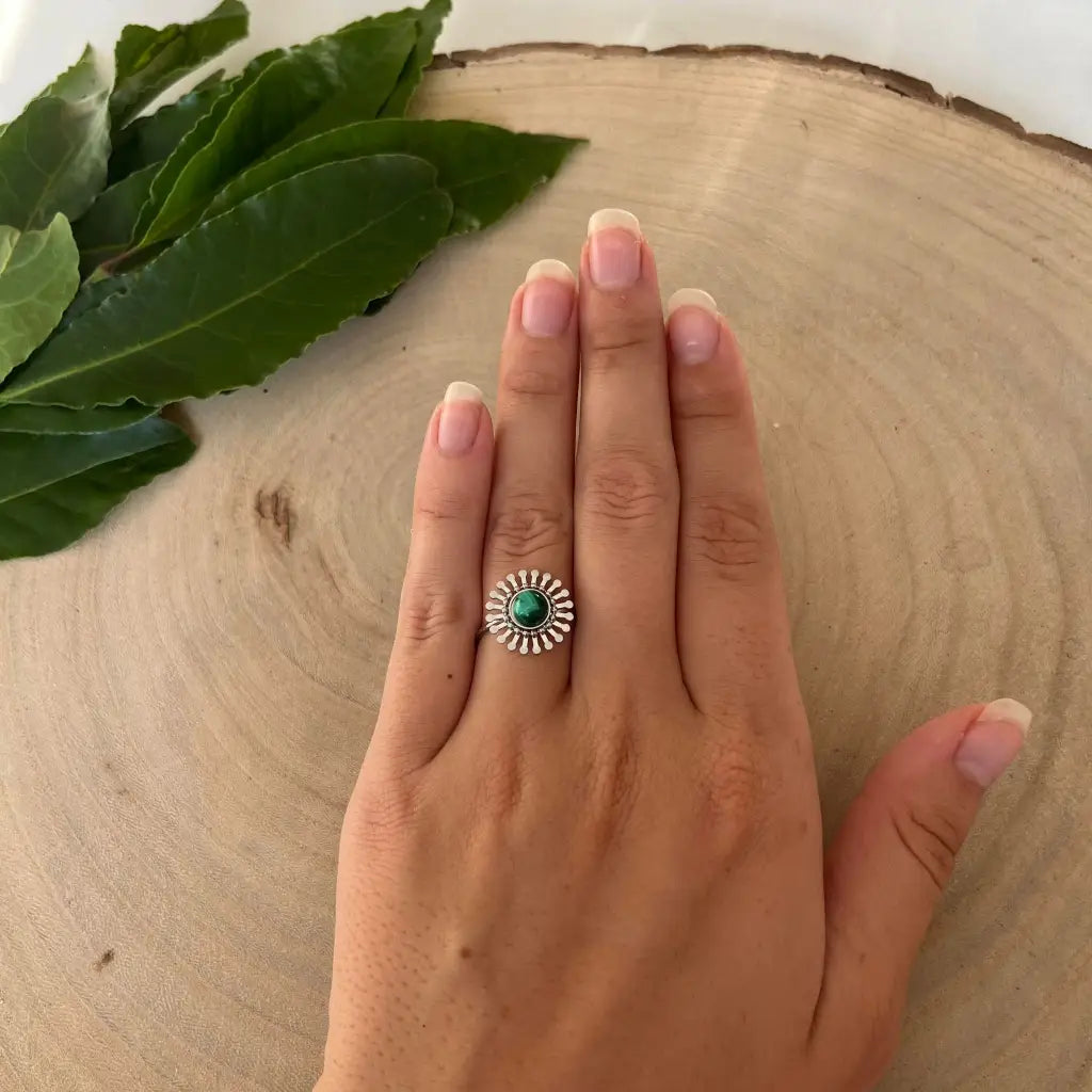 Bague ajustable Fleur avec Pierre Naturelle - Malachite