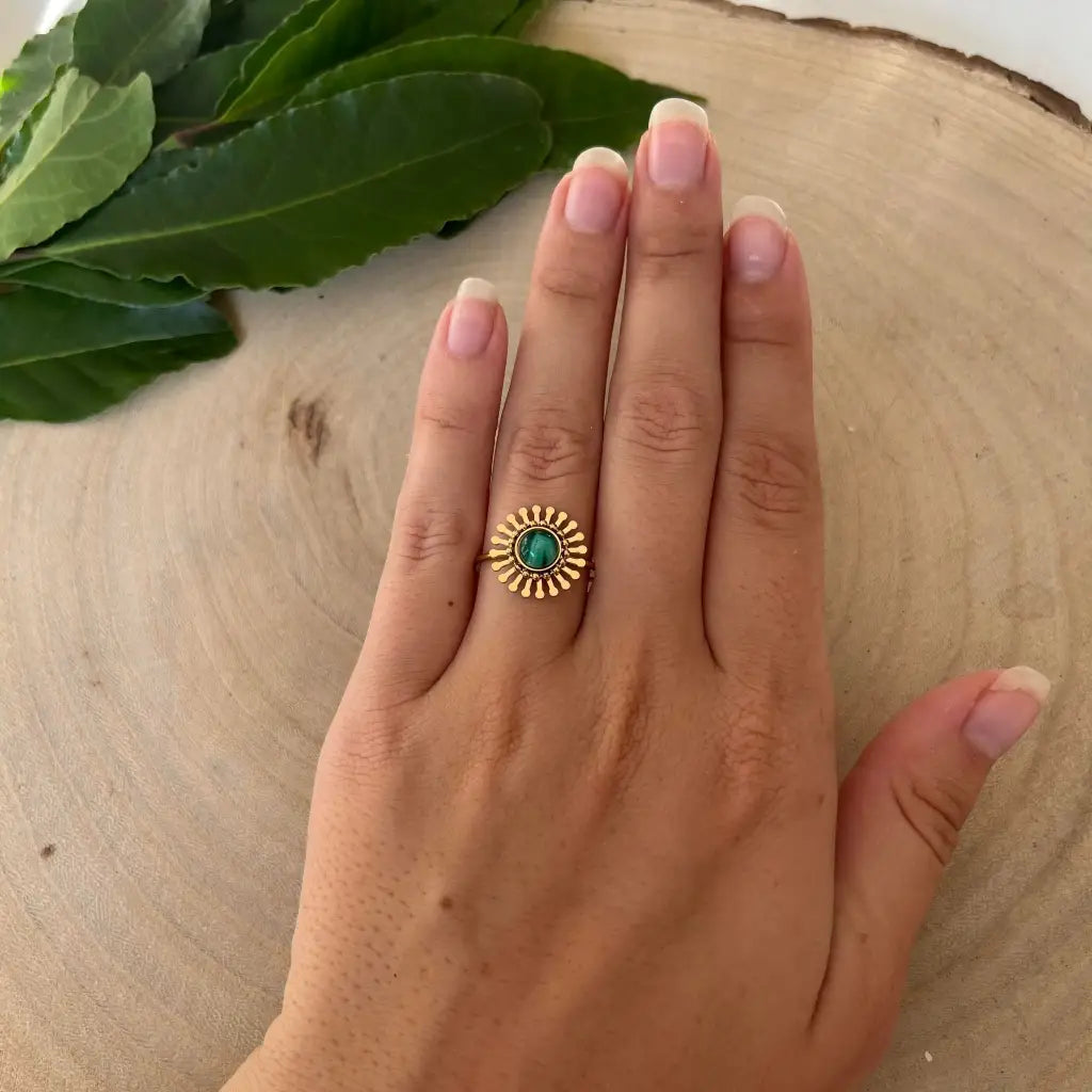 Bague ajustable Fleur avec Pierre Naturelle - Malachite