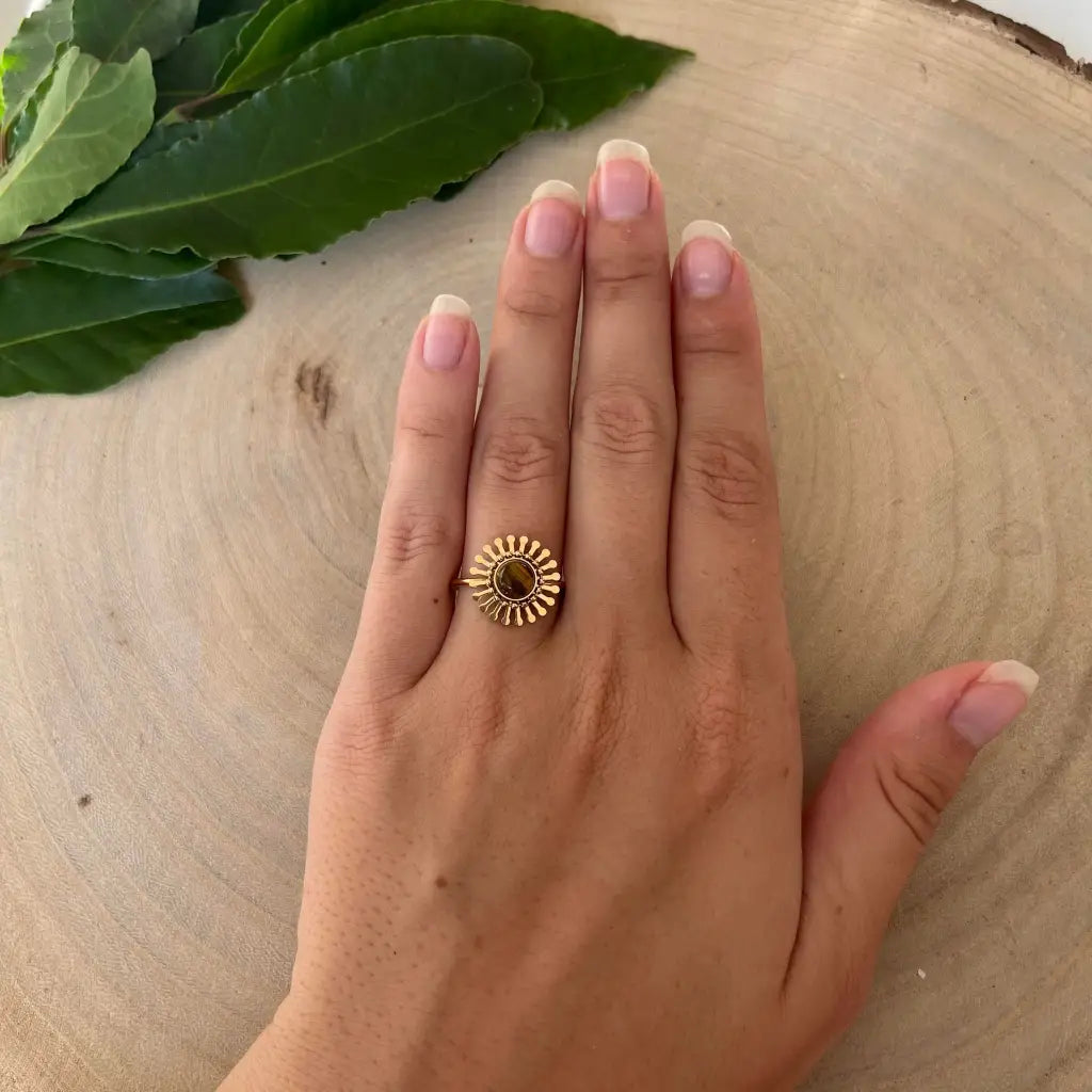 Bague ajustable Fleur avec Pierre Naturelle - Oeil de Tigre