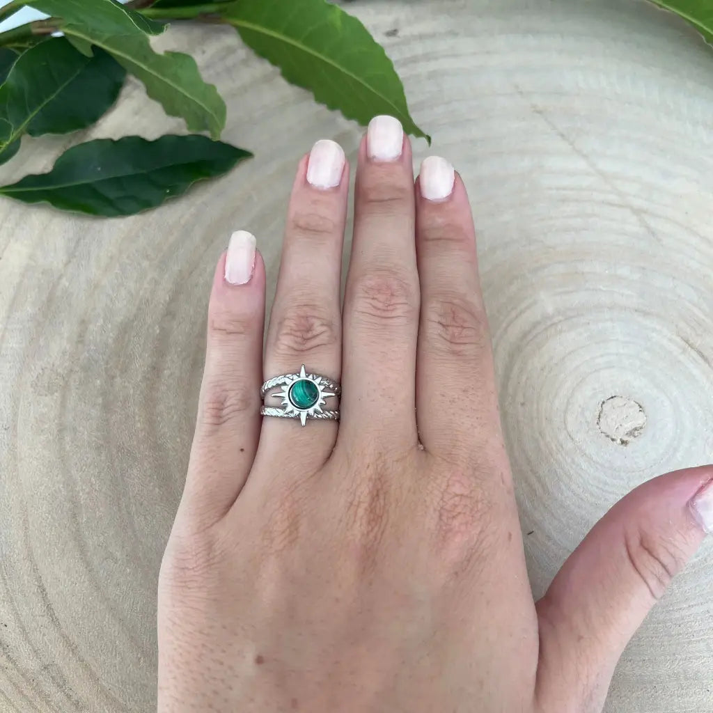 Bague ajustable Soleil avec Pierre Naturelle - Malachite