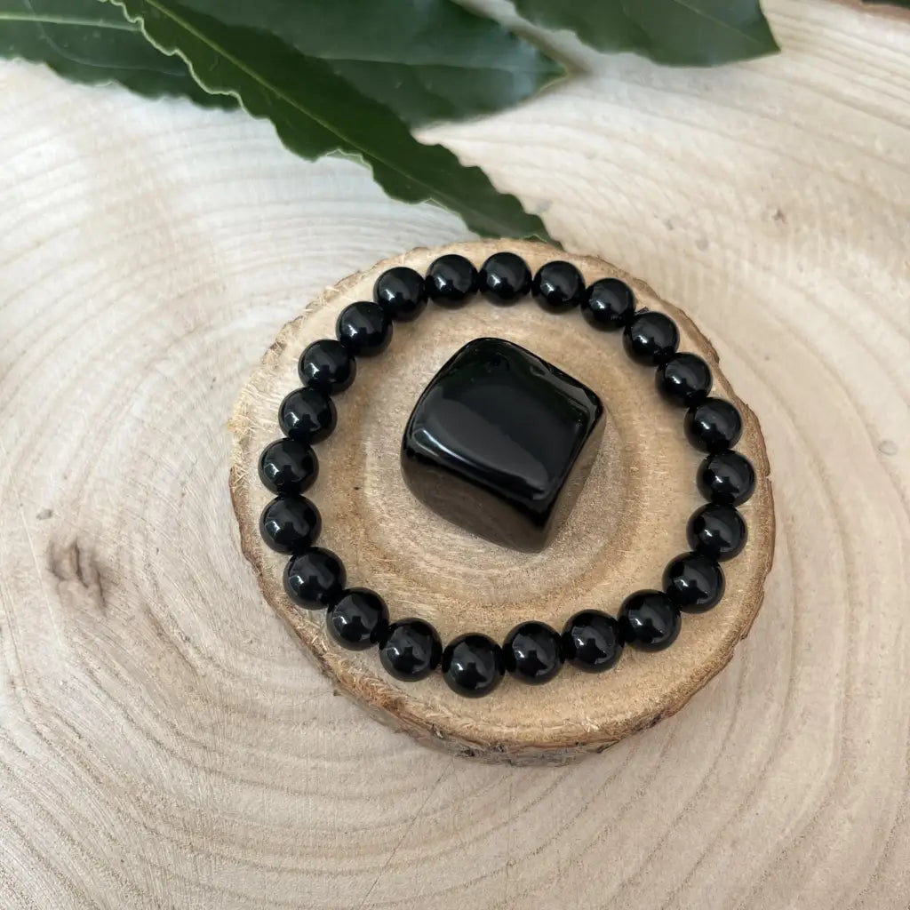 Duo Unique: Bracelet Perles & Pierre Obsidienne Noire -