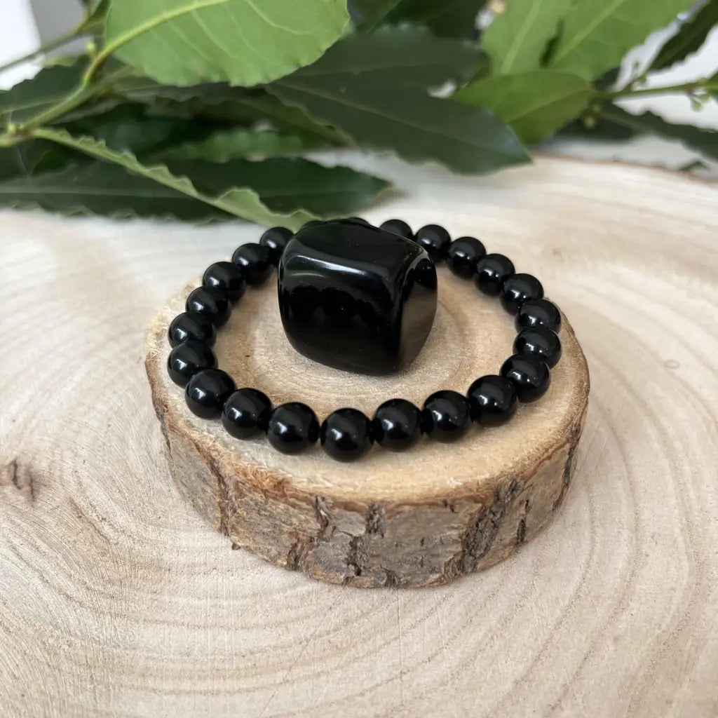 Duo Unique: Bracelet Perles & Pierre Obsidienne Noire -